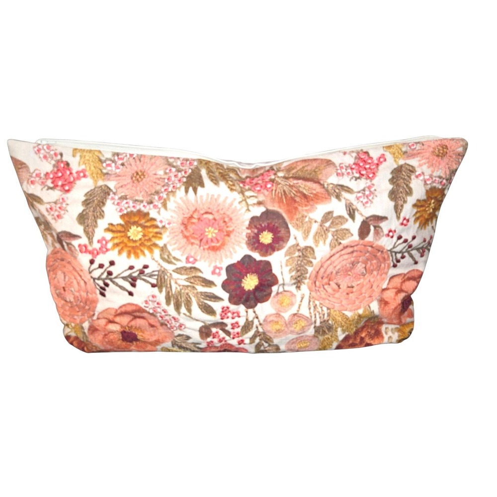 Magaschoni Floral Embroidered Lumbar Pillow 14x22 Multi Cotton GHM6259 NEW